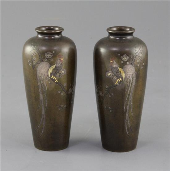 A pair of Japanese bronze and mixed metal baluster vases, Meiji period, height 12cm